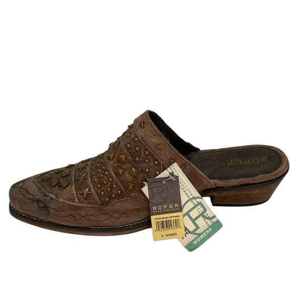 ROPER Shoes Studded Mules Brown Distressed Leather Embroidered NWT Size 9 - Picture 7 of 12
